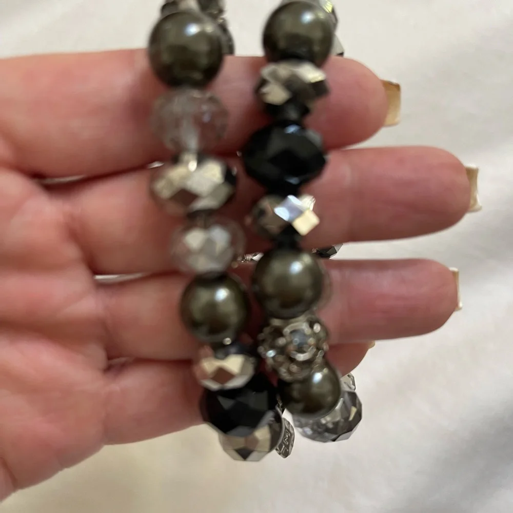 2 Beaded Stacking Bracelets with Black, Silver, Hematite, Rhinestone